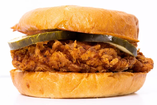 A crispy fried chicken sandwich shot close up