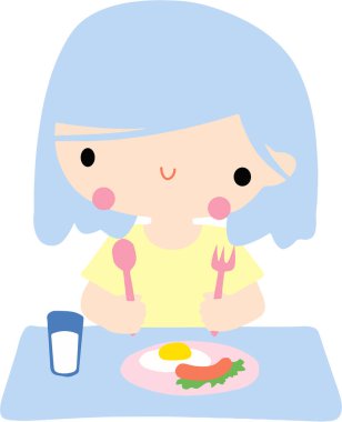 Cute smiling girl with blue hair eat beakfast with egg and glass of milk