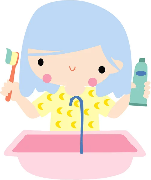 Cute Girl Smiling Blue Hair Brush Her Teeth Toothbrush Toothpaste — Vetor de Stock