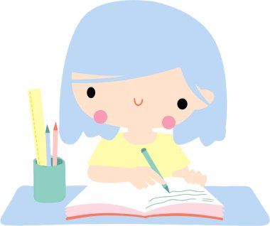 Güzel kız not yazıyor ve kalem ve kalemle ödev yapıyor.