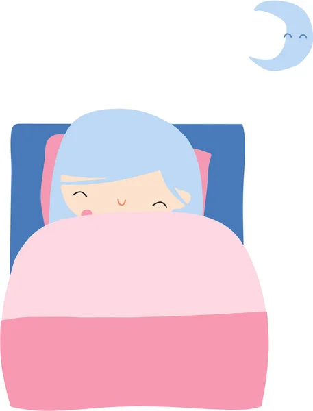 Cute Colorful Sleeping Girl Blue Hair Pink Bed Half Moon — Stockvektor