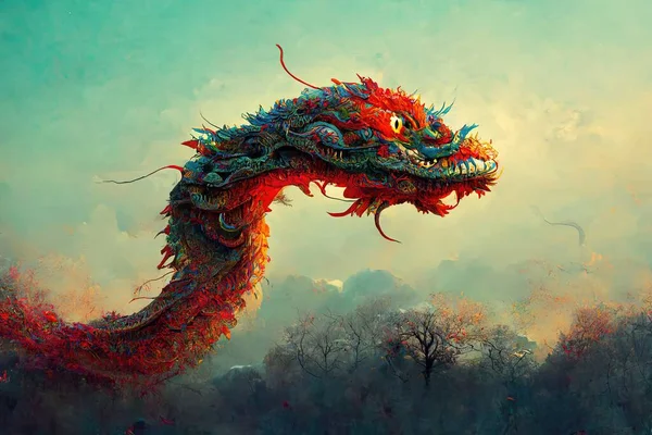 illustration of a Chinese dragon flying through the sky