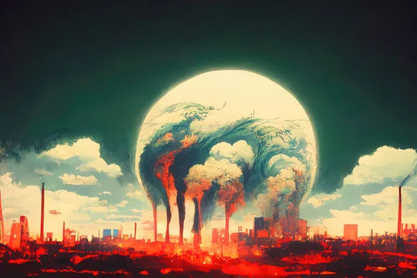 illustration of Climate change, Climate Apocalypse, Pollution wildfires. Giant Moon, Planet.