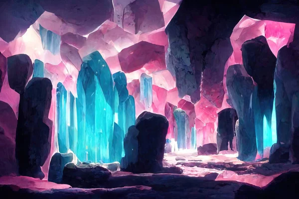 Illustration of a Beautiful mystical magical crystal cavern cave, shining colors