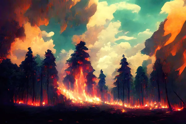 Abstract Forest Fire, wildfire caused by climate change, smoke and flames reaching the sky