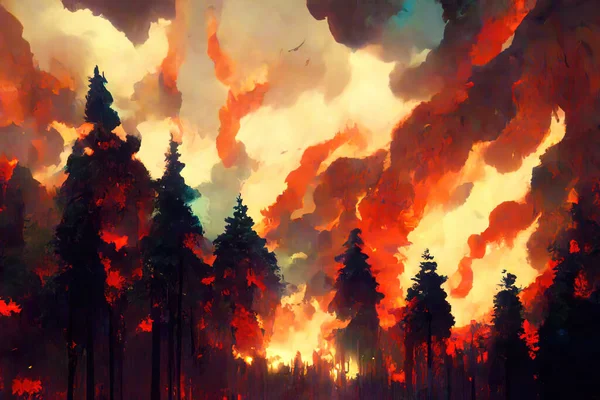 Abstract Forest Fire, wildfire caused by climate change, smoke and flames reaching the sky