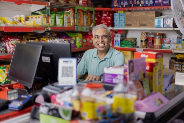 Happy Man Working Cashier Supermarket — Stock Photo, Image