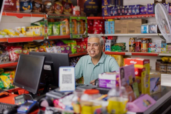 Happy Man Working Cashier Supermarket — Stock Photo, Image