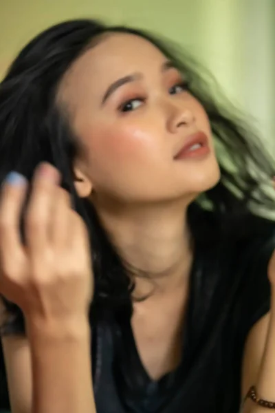 Unfocused Blurry Faces Asian Women Wearing Black Dress Bed — Stock Fotó