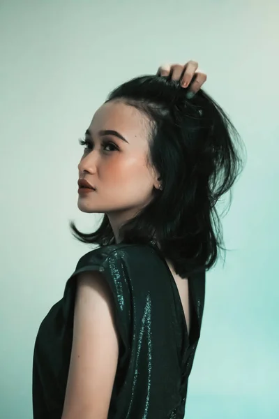 Asian Model Posing Touching Her Black Hair Feeling Sexy Hot — Fotografia de Stock