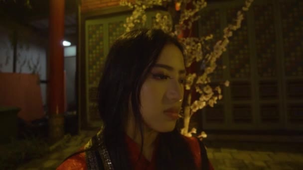 Chinese Woman Crying Lonely Front Flower Dark Night — Video