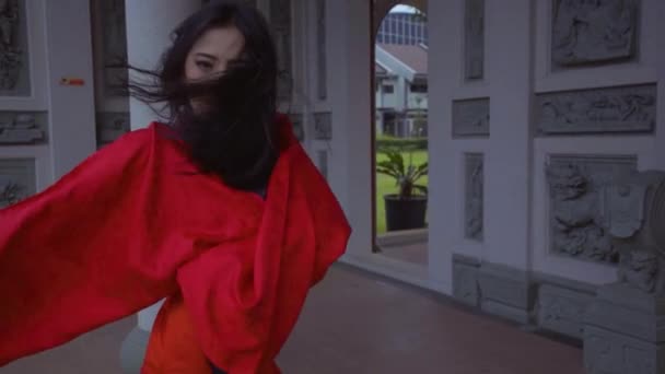 Ένας Κινέζος Πολεμιστής Κόκκινο Φόρεμα Που Εξασκείται Στο Σπαθί Για — Αρχείο Βίντεο