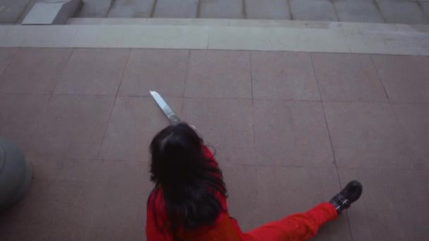 Chinese Woman Drawing Her Silver Sword Ground While Practicing Master — Stock Video