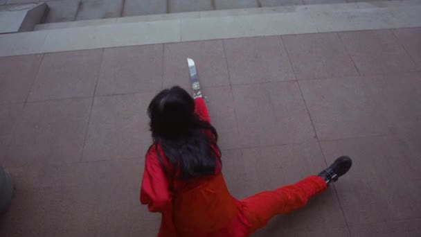 Chinese Woman Drawing Her Silver Sword Ground While Practicing Master — Stock Video