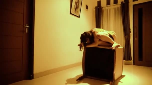 Depression Asian Woman Dancing Chair Yellow Light Room Loneliness — Vídeo de Stock