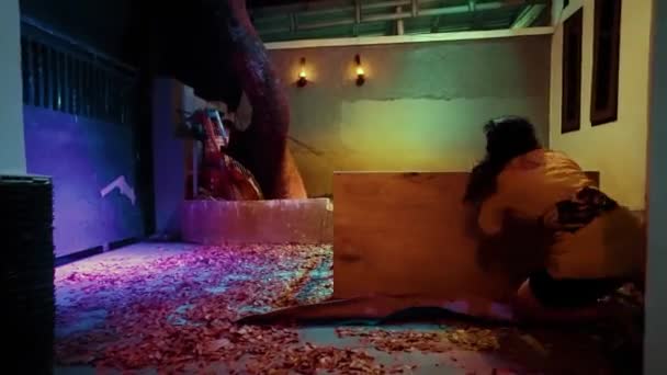 Asian Woman Having Fun Table While Dancing House Yard Dark — Vídeo de Stock