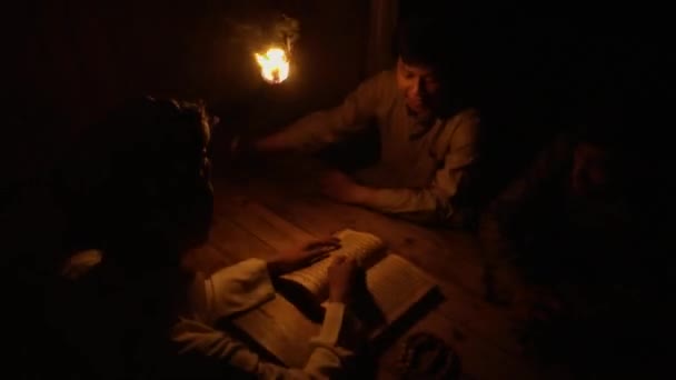 Villagers Uses Fire Torch Brightening His View Flame While Village — Vídeo de Stock