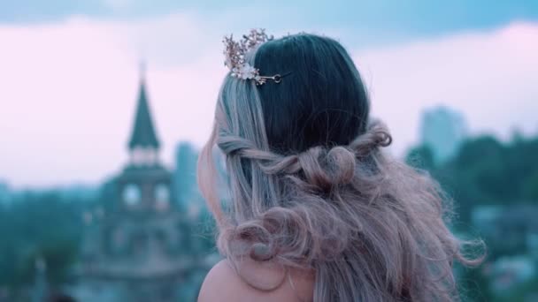 Glamour Princess Enjoying Her Palace Rooftop Fence Daylight Castle — 비디오