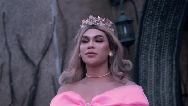 Королева Стоящая Перед Своим Дворцом Розовом Платье Короной Голове Дворце — стоковое видео