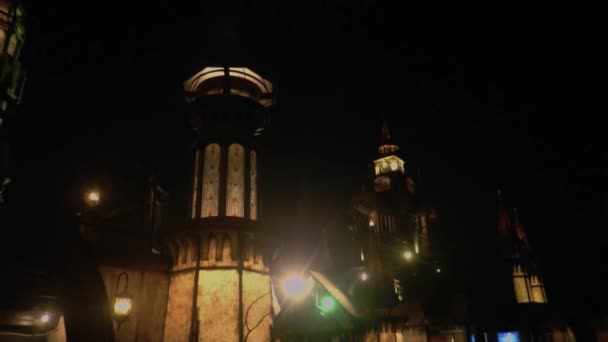 Beautiful Palace Dark Night Warm Lighting Huge Tower Castle — Videoclip de stoc
