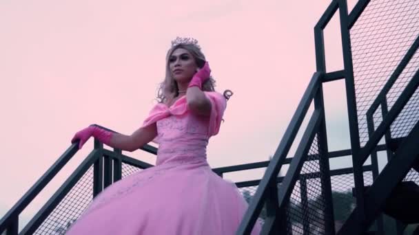 Принцесса Розовом Платье Спускается Лестнице Своего Королевского Дворца Увидеть Внешний — стоковое видео