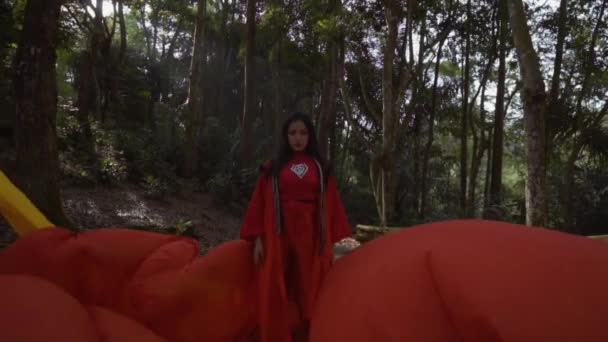 Chinese Woman Red Dress Standing Red Orange Flying Fabric Forest — Stock Video