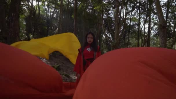 Chinese Woman Red Dress Standing Red Orange Flying Fabric Forest — Stockvideo