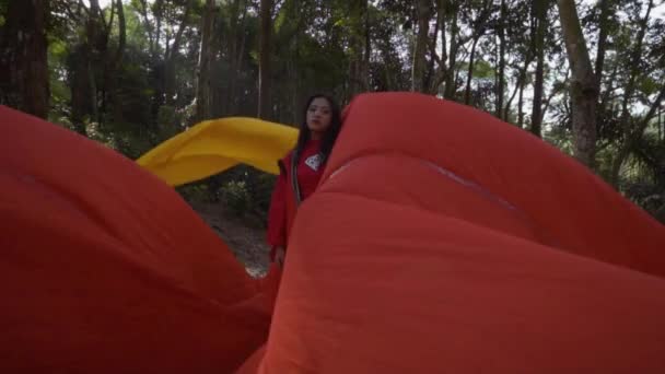 Chinese Woman Red Dress Standing Red Orange Flying Fabric Forest — Video Stock