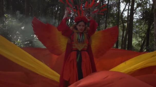 Beautiful Chinese Woman Red Bird Costume Red Orange Fabric Background — стоковое видео