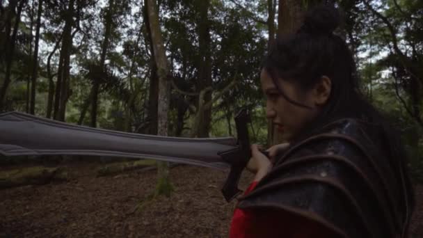 Combat Chinese Woman Armored Costume Sword Jungle — стоковое видео