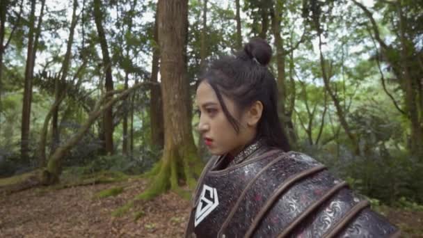 Portrait Shoot Chinese Woman Armored Costume Fighting Her Rival Jungle — Vídeo de stock