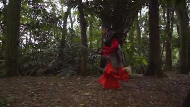 Armored Chinese Woman Running Red Costume Tree Forest — 图库视频影像