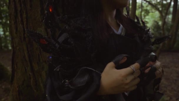 Beautiful Asian Woman Chillin Tree Black Costume Forest — стоковое видео