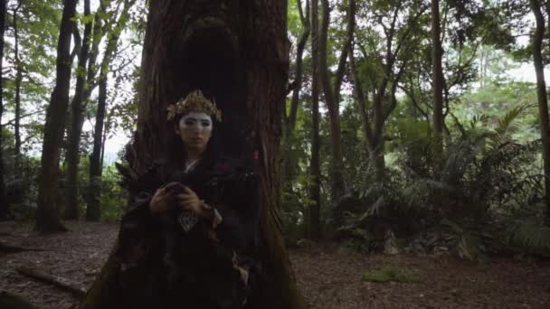 Asian Woman Blackbird Costume Standing Tree Bad Face Jungle — Stock video