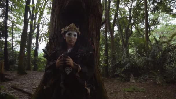 Asian Woman Blackbird Costume Standing Tree Bad Face Jungle — Video