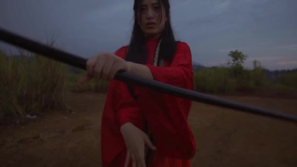 Chinese Woman Feeling Angry While Doing Stick Martial Art Mountain — 图库视频影像