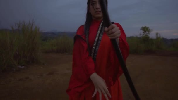 Chinese Woman Feeling Angry While Doing Stick Martial Art Mountain — Stockvideo