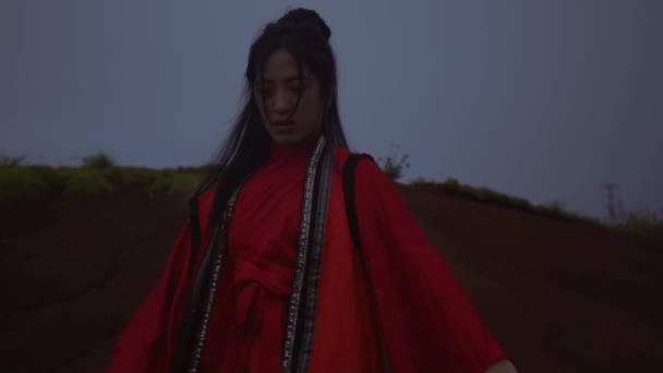 Asian Women Performing Wooden Martial Art Mountain While Wearing Red — Wideo stockowe