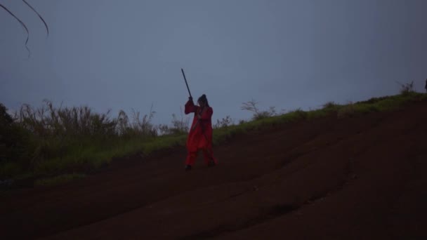 Chinese Woman Practicing Stick Martial Art Red Costume Dark Morning — Stock video