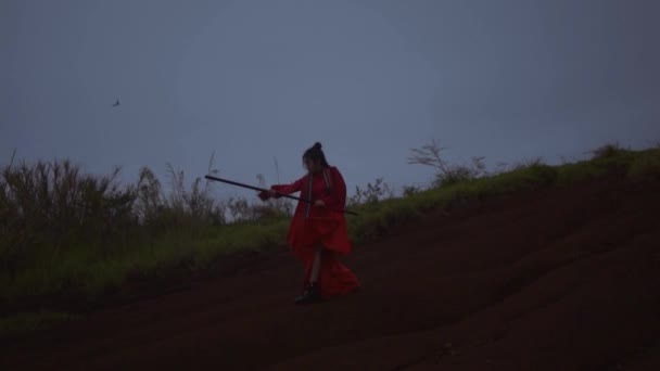 Chinese Woman Practicing Stick Martial Art Red Costume Dark Morning — Vídeo de Stock