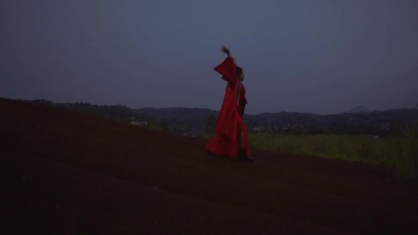 Chinese Woman Practicing Kung Movement While Standing Mountain Dark Morning — 图库视频影像