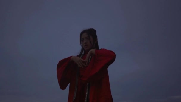 Chinese Woman Practicing Kung Movement While Standing Mountain Dark Morning — 图库视频影像