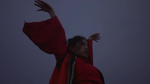 Chinese Woman Doing Martial Technique While Wearing Red Costume Morning — Stockvideo