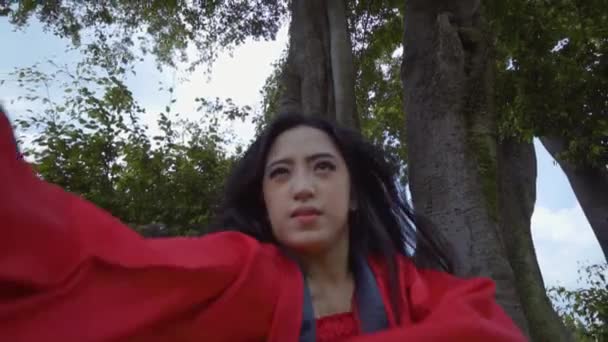 Chinese Woman Performing Martial Arts While Wearing Chinese Shirt Garden — Stock videók