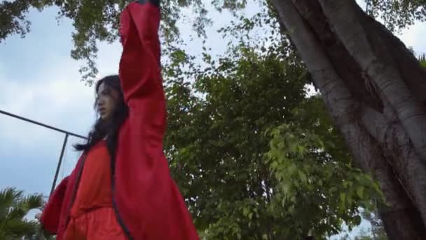 Chinese Woman Performing Martial Arts While Wearing Chinese Shirt Garden — Stockvideo