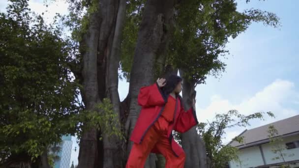 Asian Gets Martial Art Education While Wearing Red Chinese Costume — Αρχείο Βίντεο