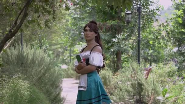 Happy Princess Walking Garden Her Cute Blue Dress Palace — Stockvideo