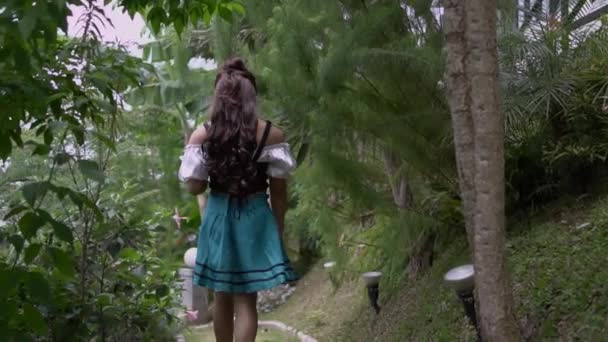 Princess Walking Beautifully Forest While Wearing Short Blue Skirt White — Video