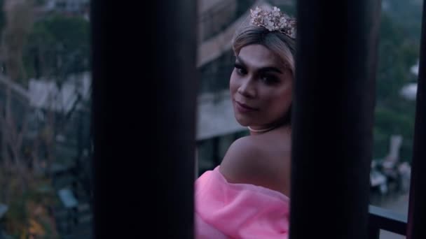 Glamour Princess Crown Pink Dress Standing Pillar Her Royal Palace — стоковое видео
