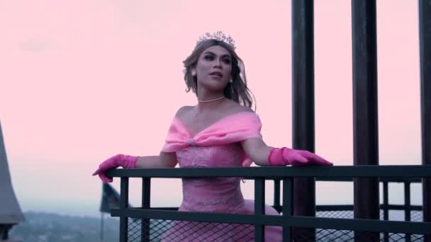 Гламурна Принцеса Стоїть Даху Перед Чорним Парканом Одягнена Корону Рожеве — стокове відео